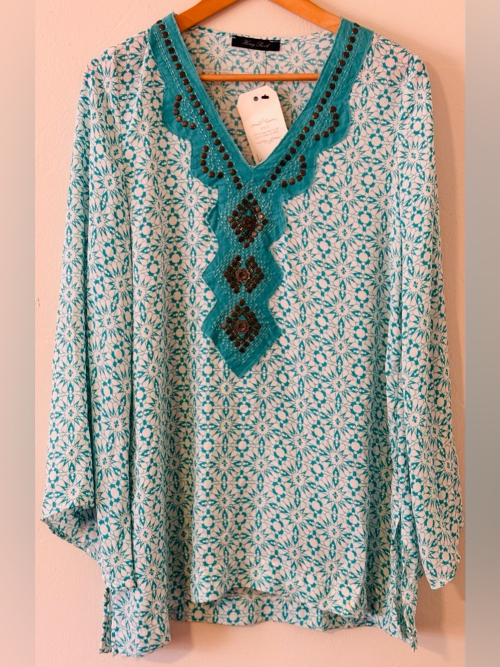 🌸 Honey Punch Turquoise & White Geometric Print Tunic Size Large
